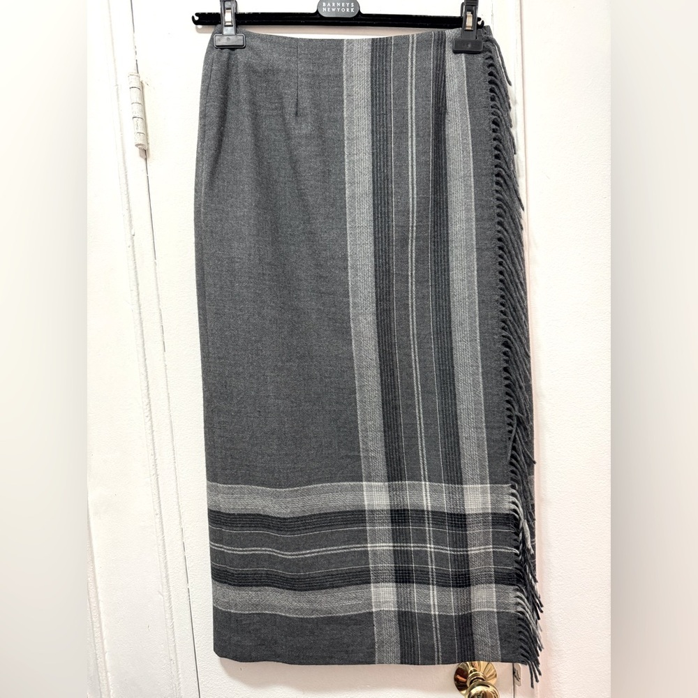Vintage Talbots Fringe 100% Wool Wrap Midi Skirt Gray Plaid equestrian checkered